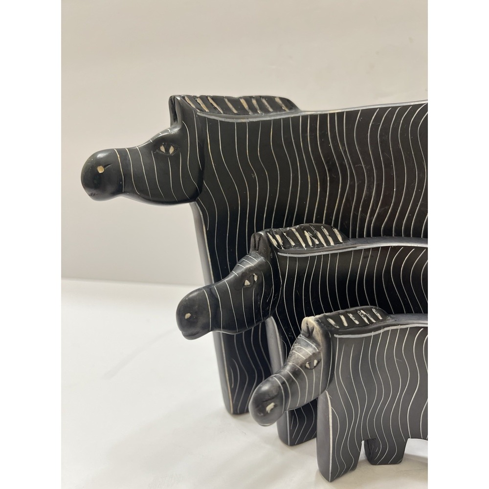 Zebra Soapstone Sculptures Set Of 3 Hand Carved Curved Etched